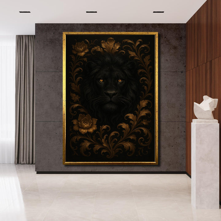 Close up of bold lion portrait showing gold floral accents on canvas