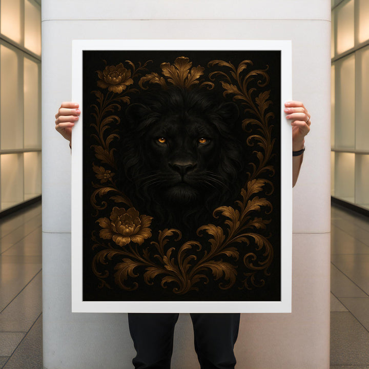 Bold lion canvas surrounded by ornate golden floral frame