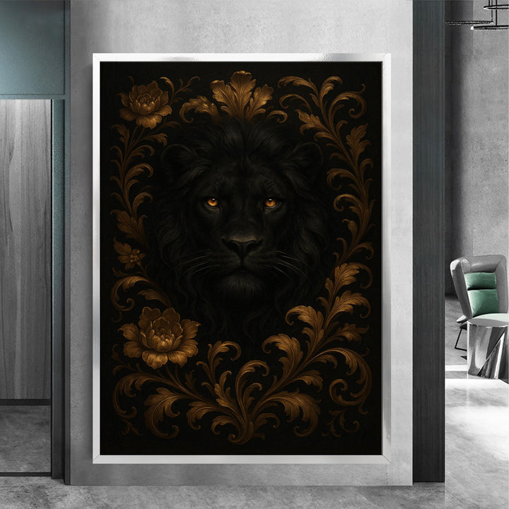 Gallery-wrapped wall art of black lion, ready to hang