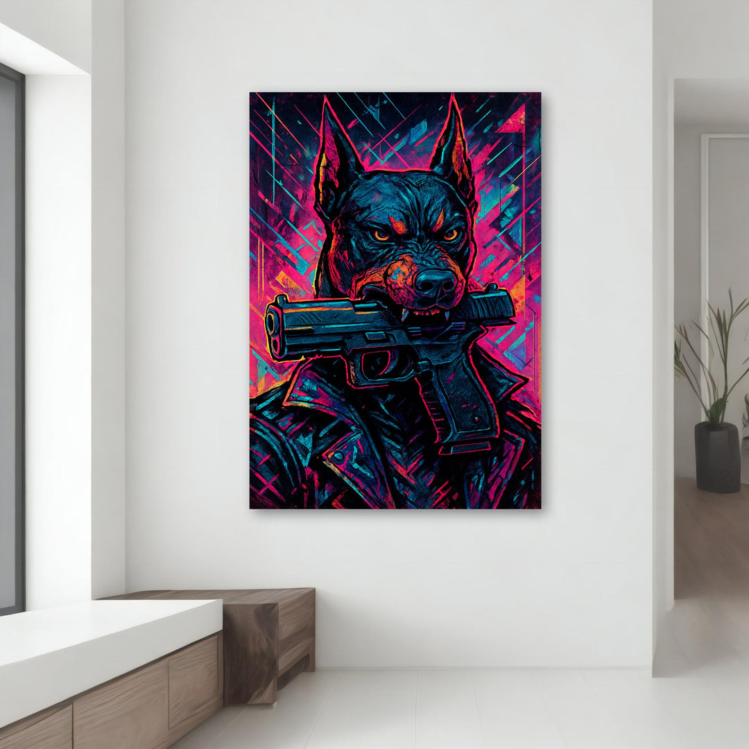 Ready-to-hang bold dog wall art in cyberpunk design on canvas