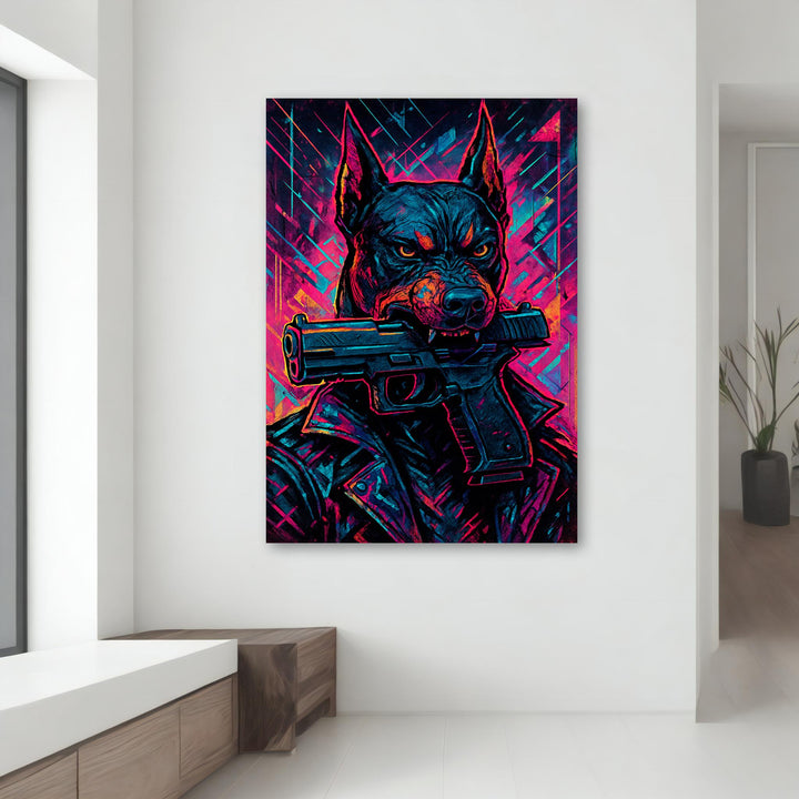 Ready-to-hang bold dog wall art in cyberpunk design on canvas
