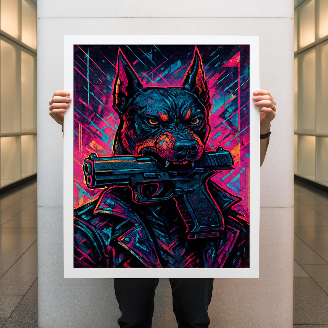 Vibrant neon dog wall art with edgy cyberpunk elements on canvas