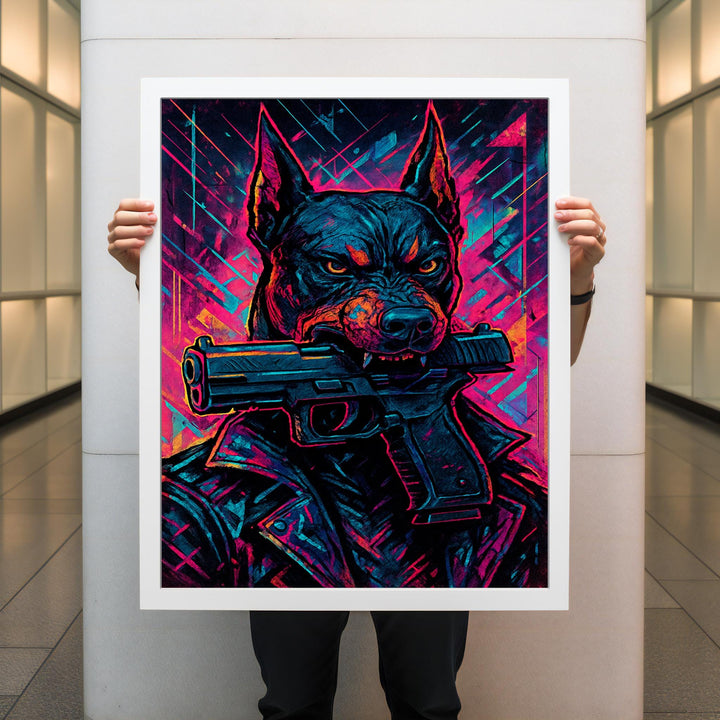 Vibrant neon dog wall art with edgy cyberpunk elements on canvas