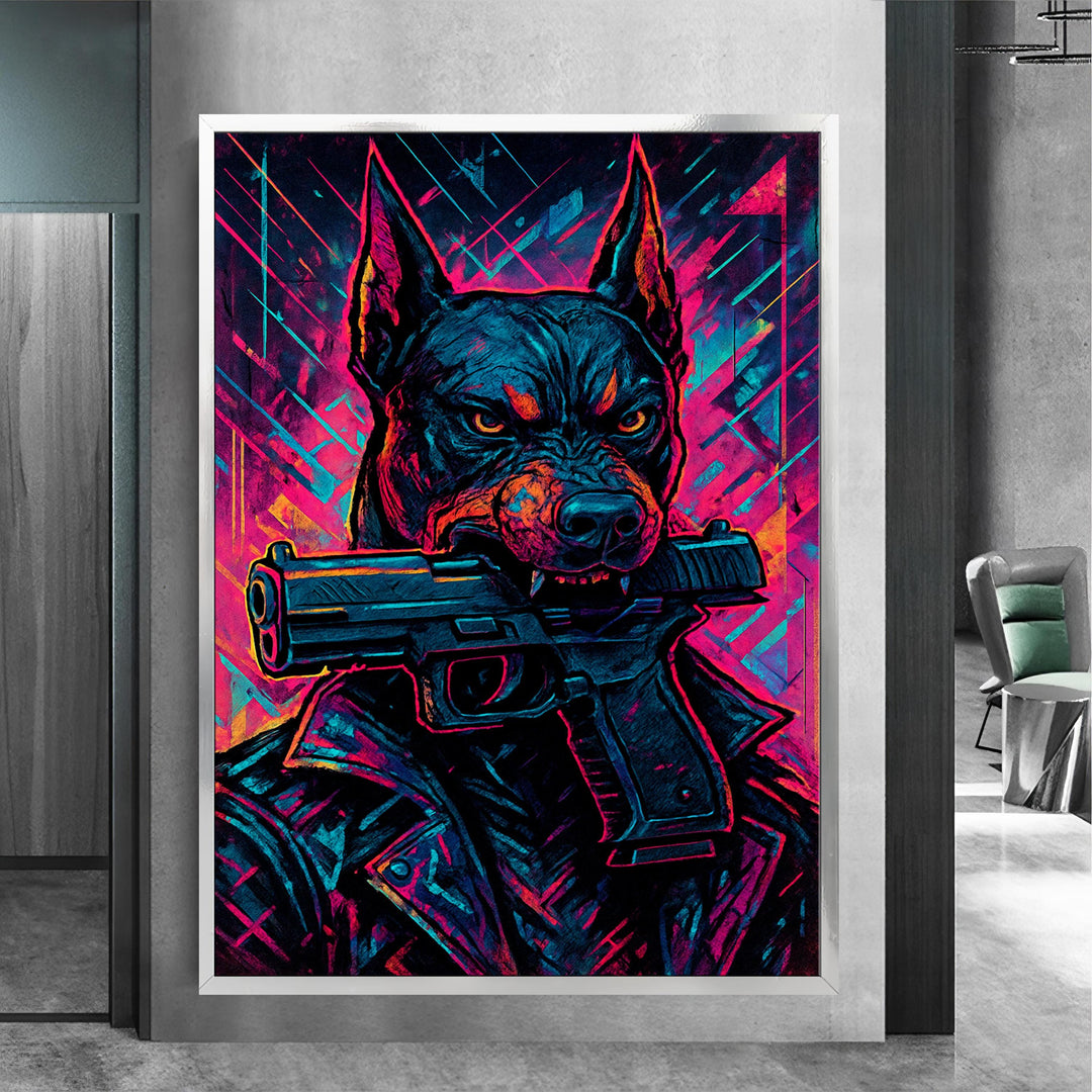 High-contrast blue-pink Doberman canvas artwork for wall decor