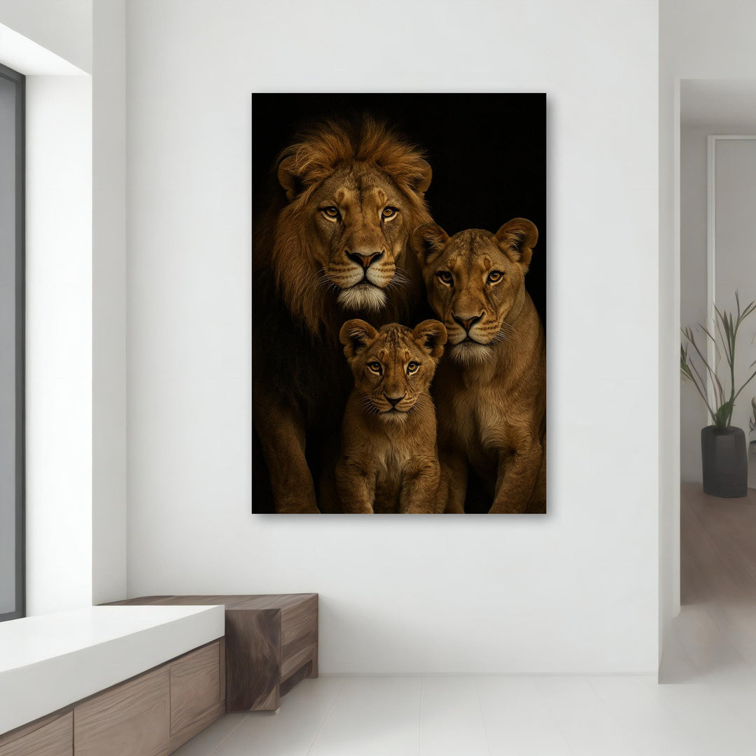 Ready-to-hang canvas art of a black lion with ornate golden frame