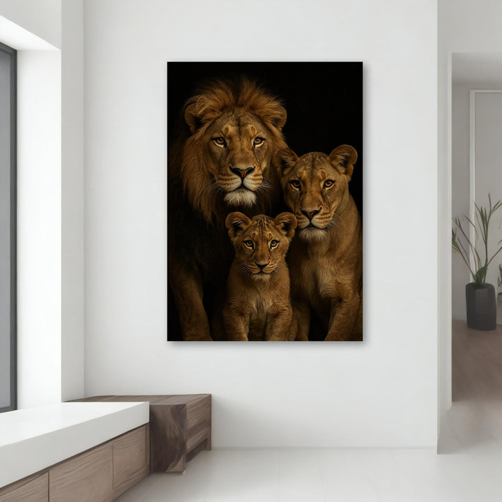 Ready-to-hang canvas art of a black lion with ornate golden frame