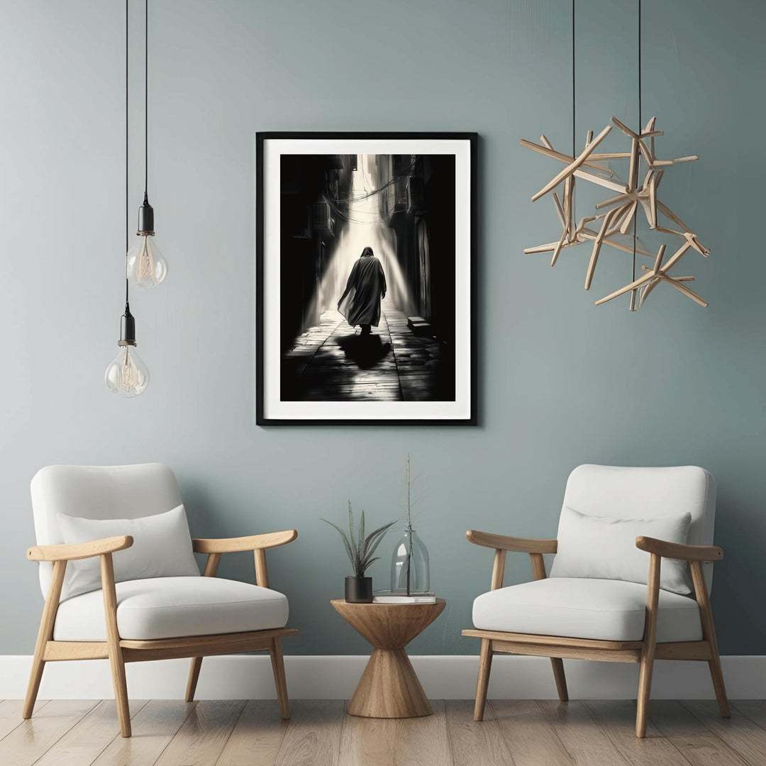 Close-up of Imam Mahdi poster with black and white line art