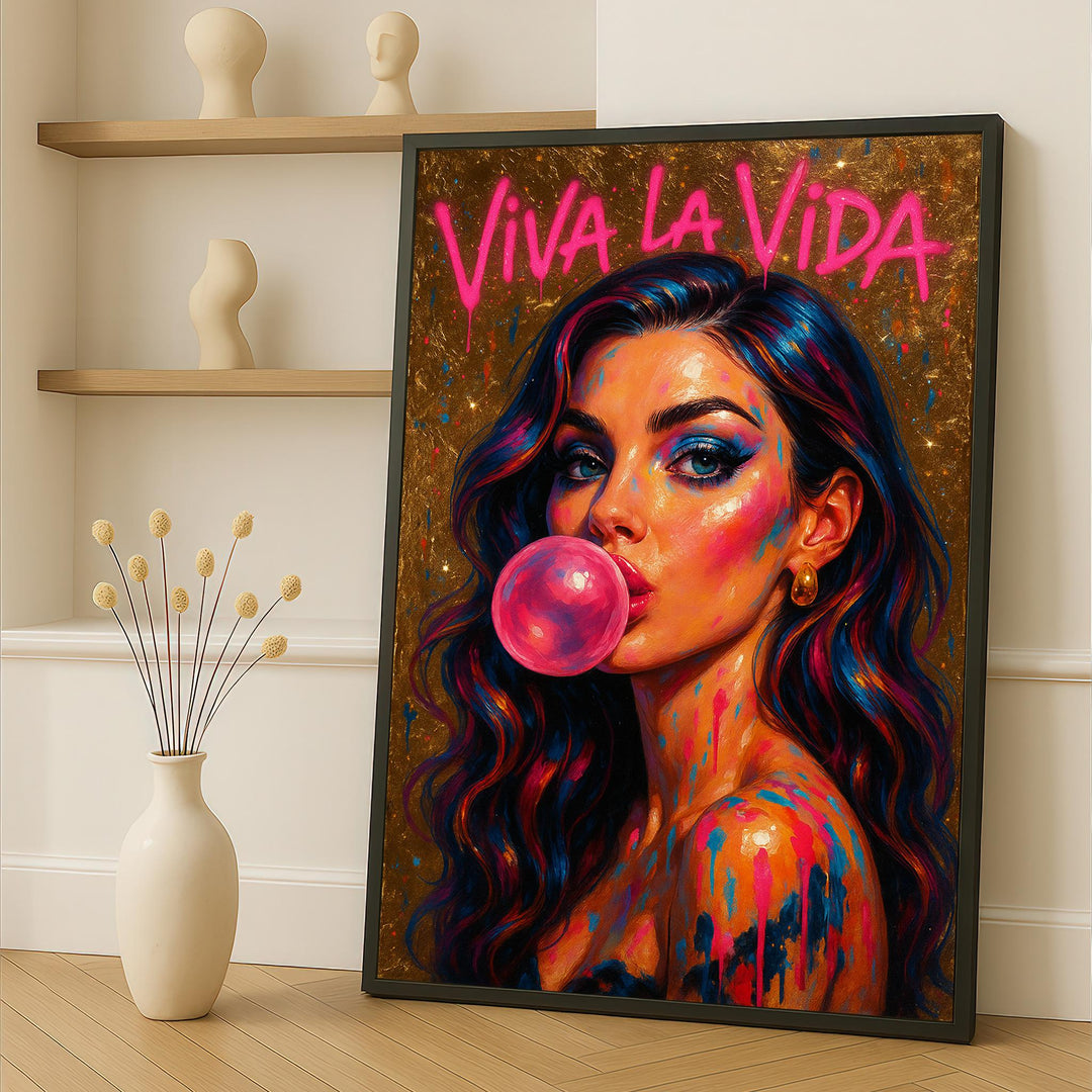Vibrant graffiti girl portrait on stretched canvas with bold color palette