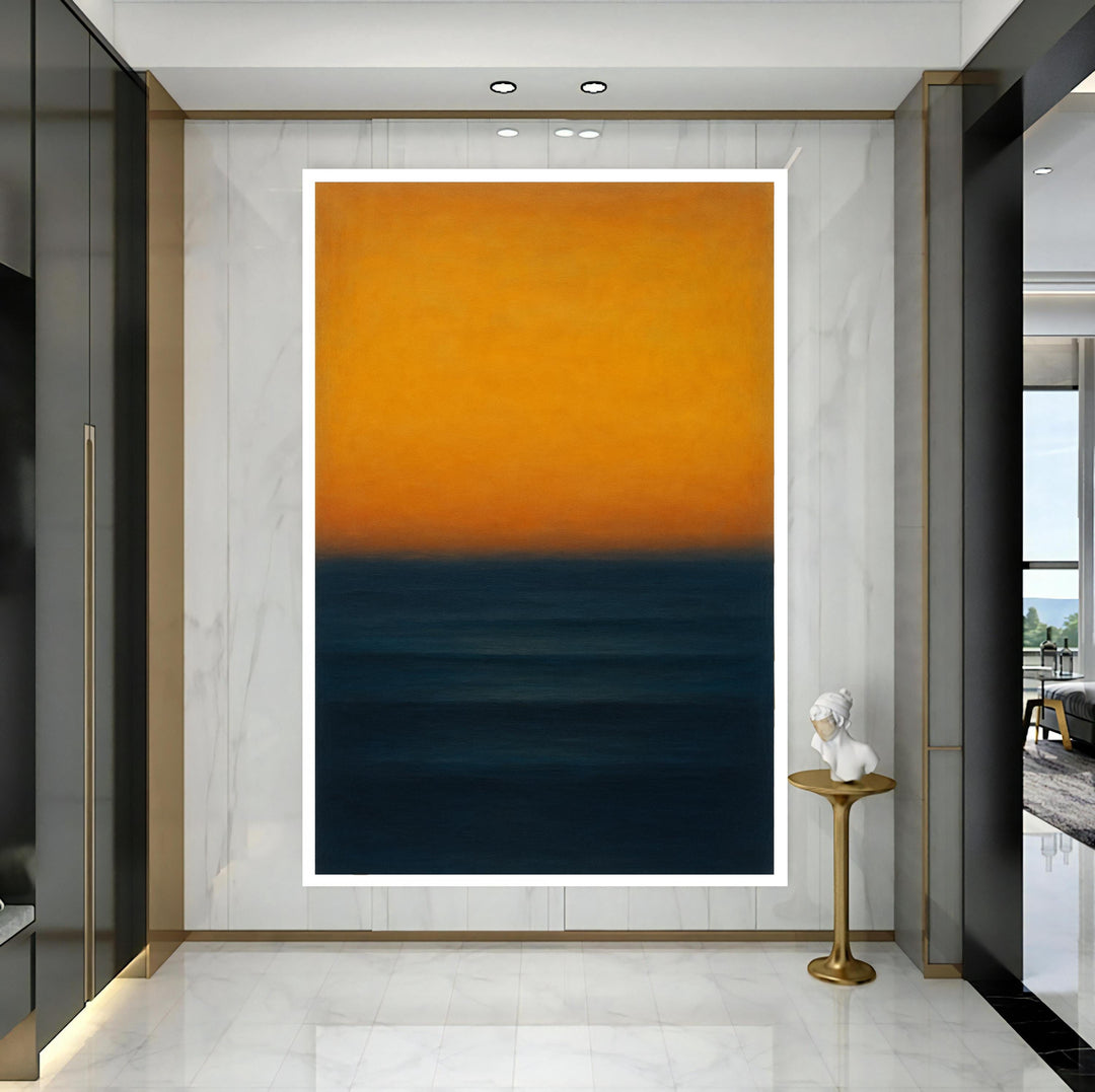 Yellow and navy bands creating a geometric abstract composition on canvas