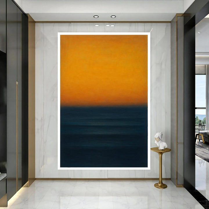 Yellow and navy bands creating a geometric abstract composition on canvas