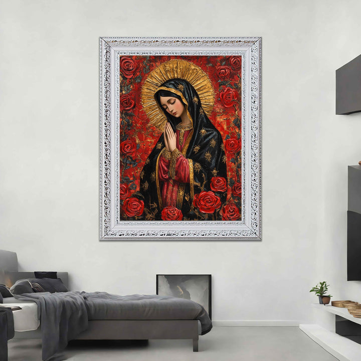 catholic sacred art print featuring mary with rose accents on canvas