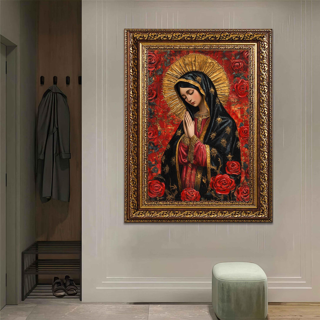marian artwork with bold hues and floral details on canvas