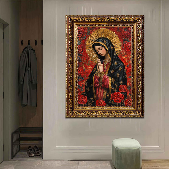 marian artwork with bold hues and floral details on canvas