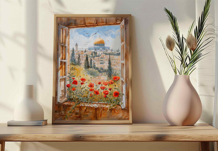 Dome of the Rock window view with pink poppies watercolor print on archival paper