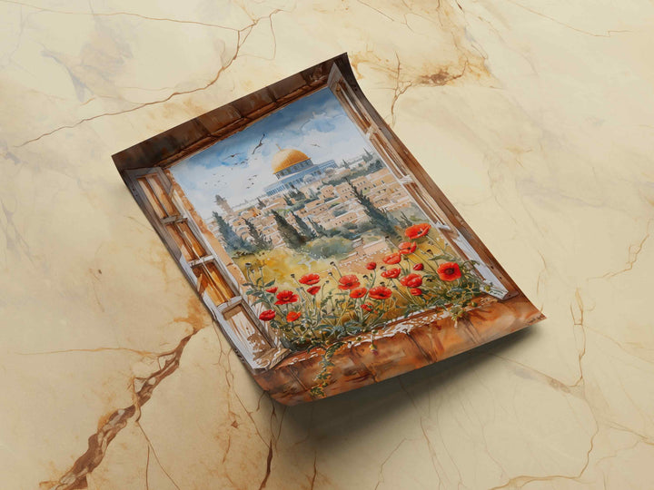 Overall composition showing Middle Eastern scene with Dome of the Rock and poppies