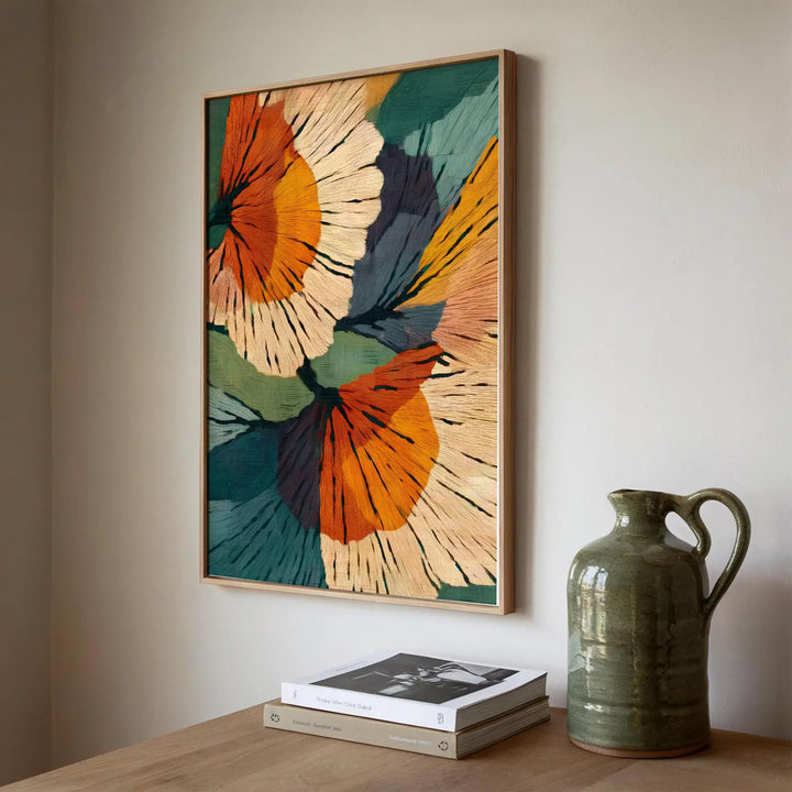 Modern floral art with mid-century inspired shapes and warm color palette
