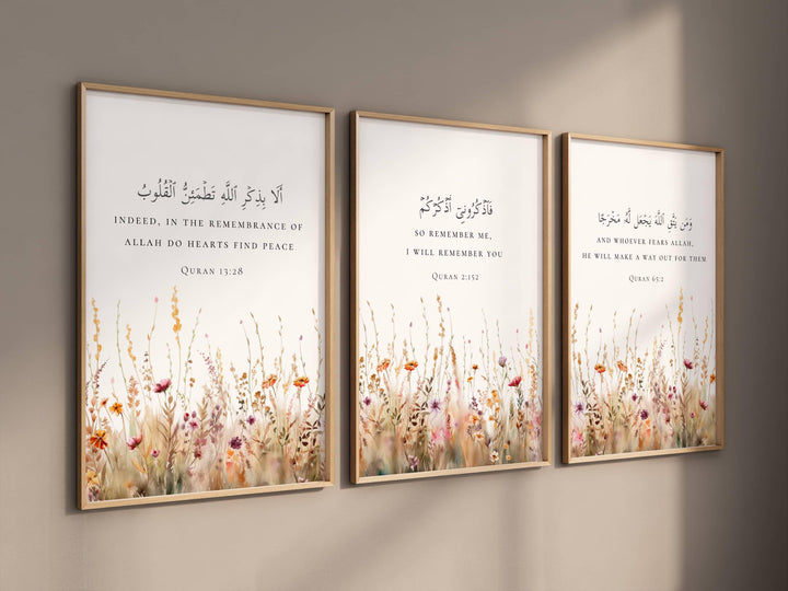 Quran verses wall art trio with floral motif ready to frame