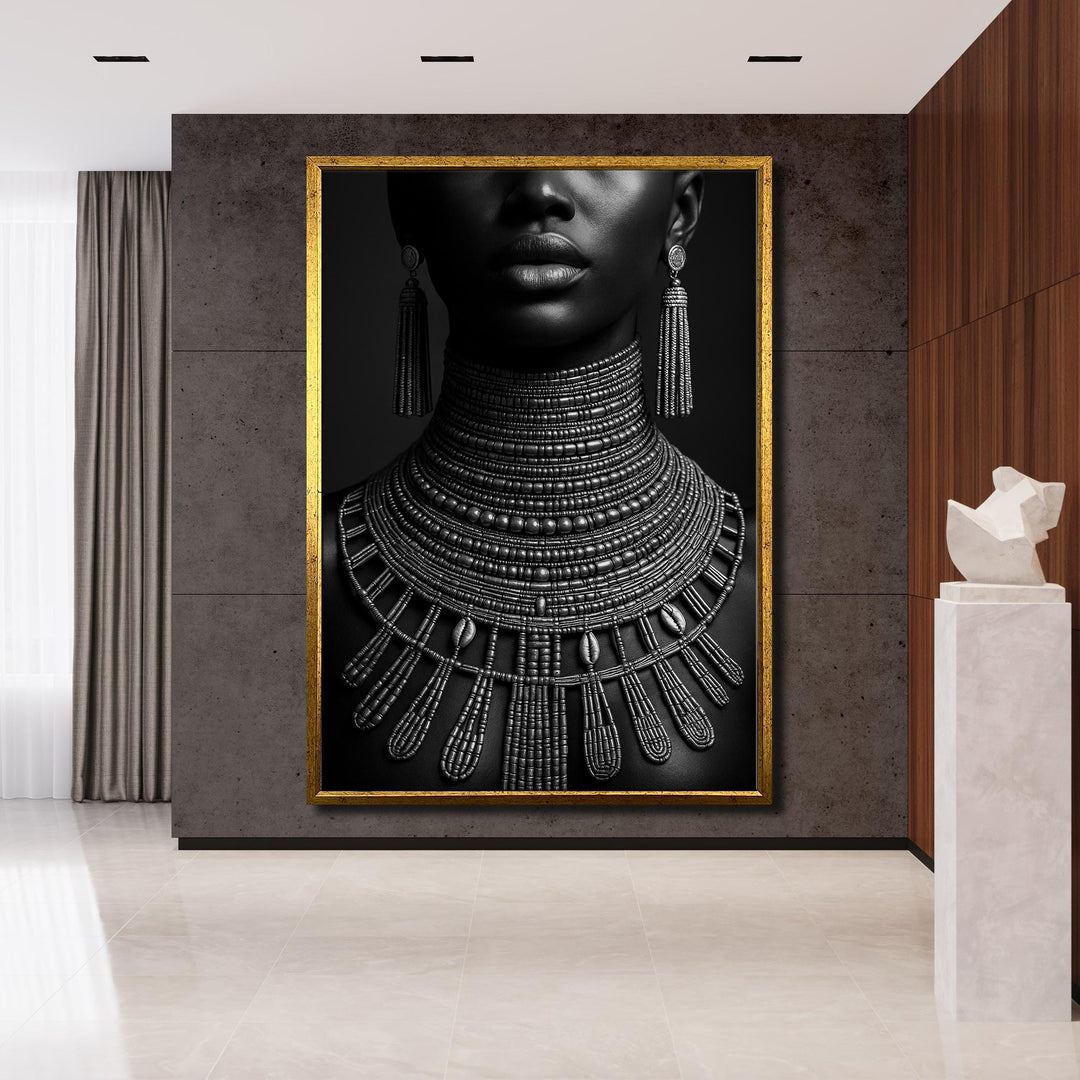 ready-to-hang portrait canvas featuring african jewelry motif