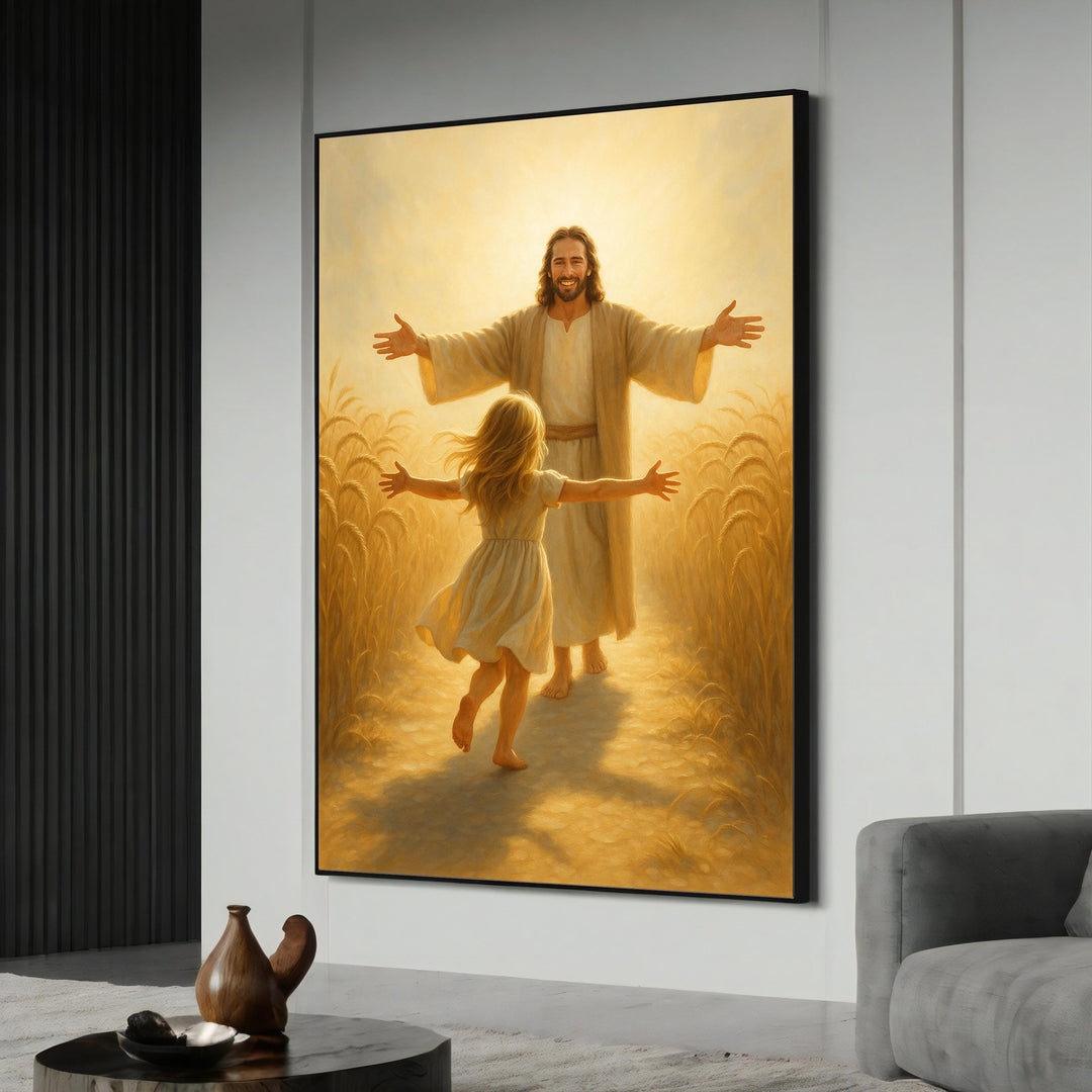 Jesus embracing child canvas painting close-up with serene tones