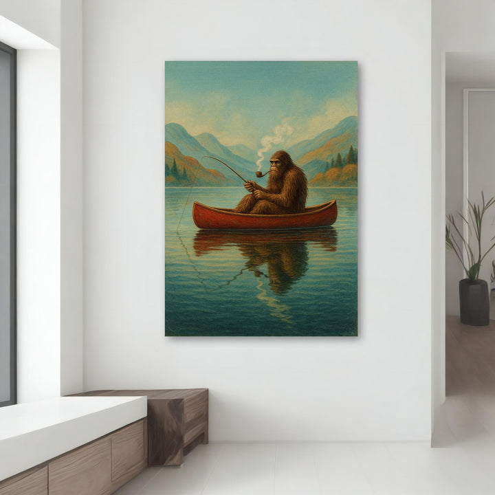 Ready-to-hang wall art on gallery canvas depicting a lake fishing adventure