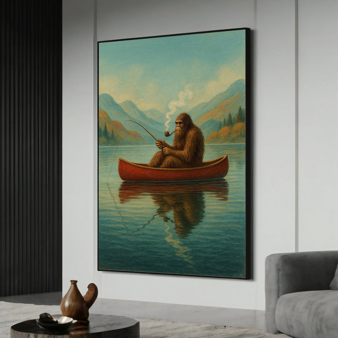 Bigfoot fishing by a tranquil lake on a vibrant canvas print