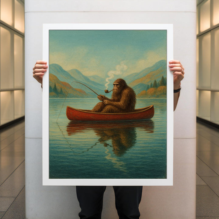 Full landscape canvas art showing lake, forest, and a Bigfoot silhouette
