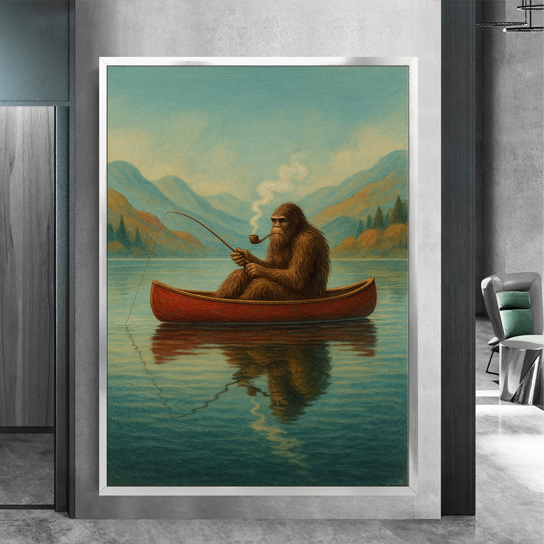Vibrant edge-to-edge canvas print featuring the Bigfoot fishing scene
