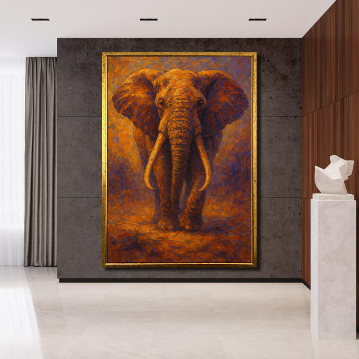 Close-up elephant on warm amber canvas