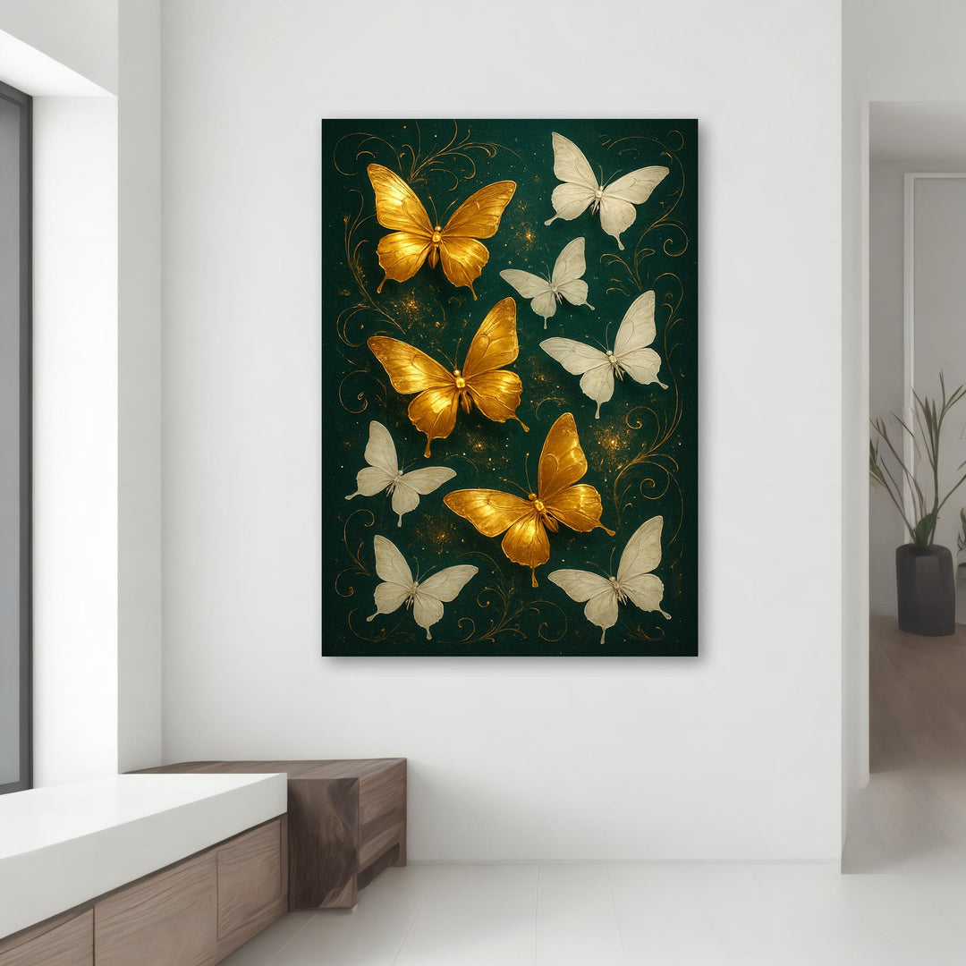 Vibrant nature wall art featuring golden butterflies, ideal for living spaces