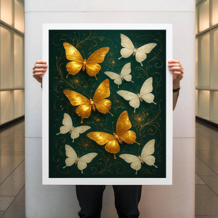 Forest glow scene with golden butterflies on canvas, gallery-quality wall art
