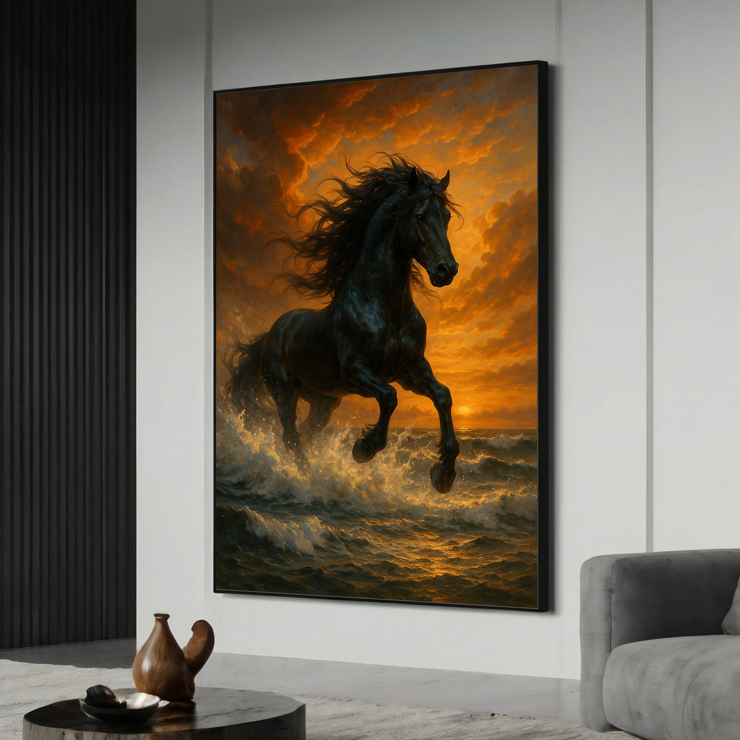 Wild black horse charging through golden waves at sunset on canvas