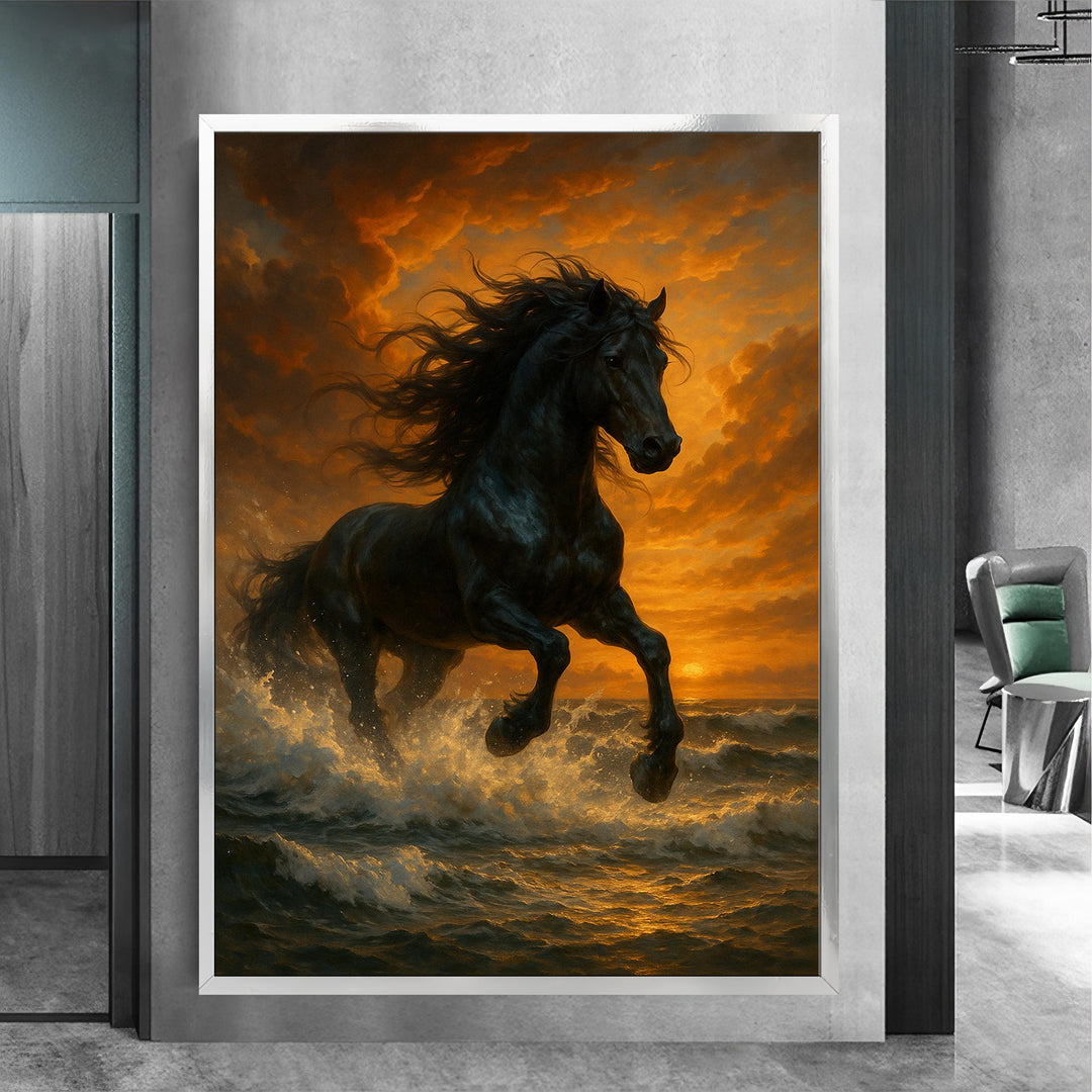 Gold and amber seascape with black horse artwork on textured canvas