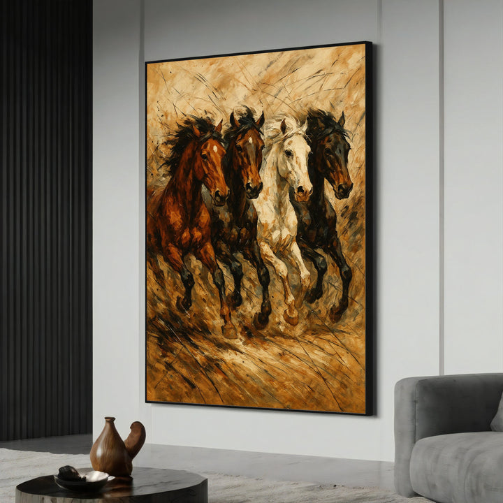 Wild horses galloping through desert winds on a textured canvas