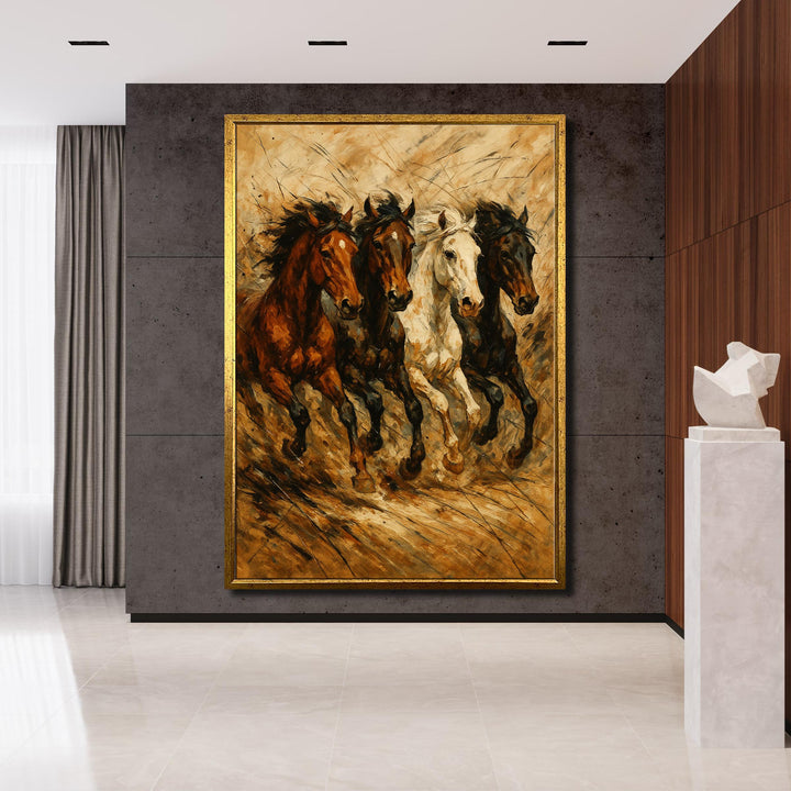 Equine herd in motion with rustic desert landscape backdrop