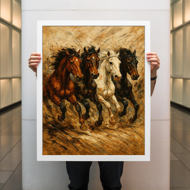 Stretched canvas wall art featuring galloping horses and warm tones