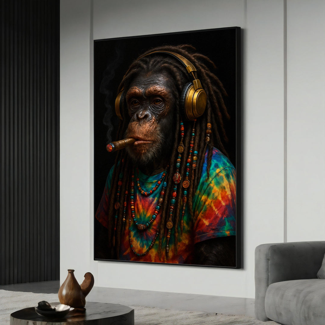 Dreadlocked chimp wearing headphones in reggae graffiti colors on canvas wall art