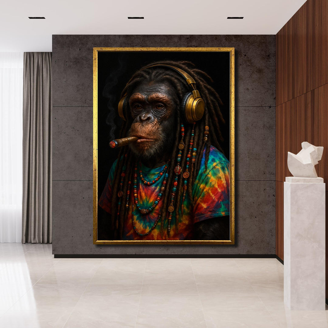 Chimp portrait with cigar and headphones, bold color accents on canvas painting