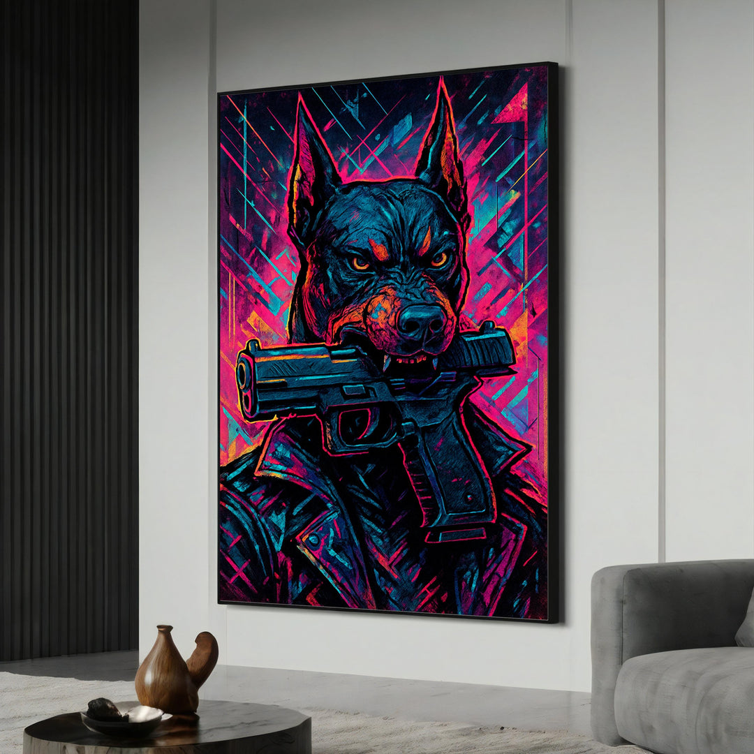 Fearless neon Doberman cyberpunk canvas print on gallery wrap