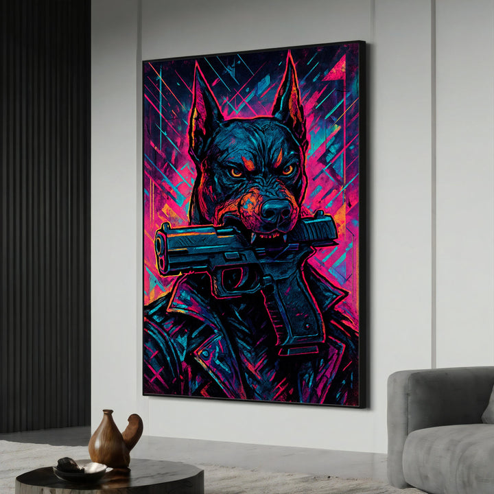 Fearless neon Doberman cyberpunk canvas print on gallery wrap