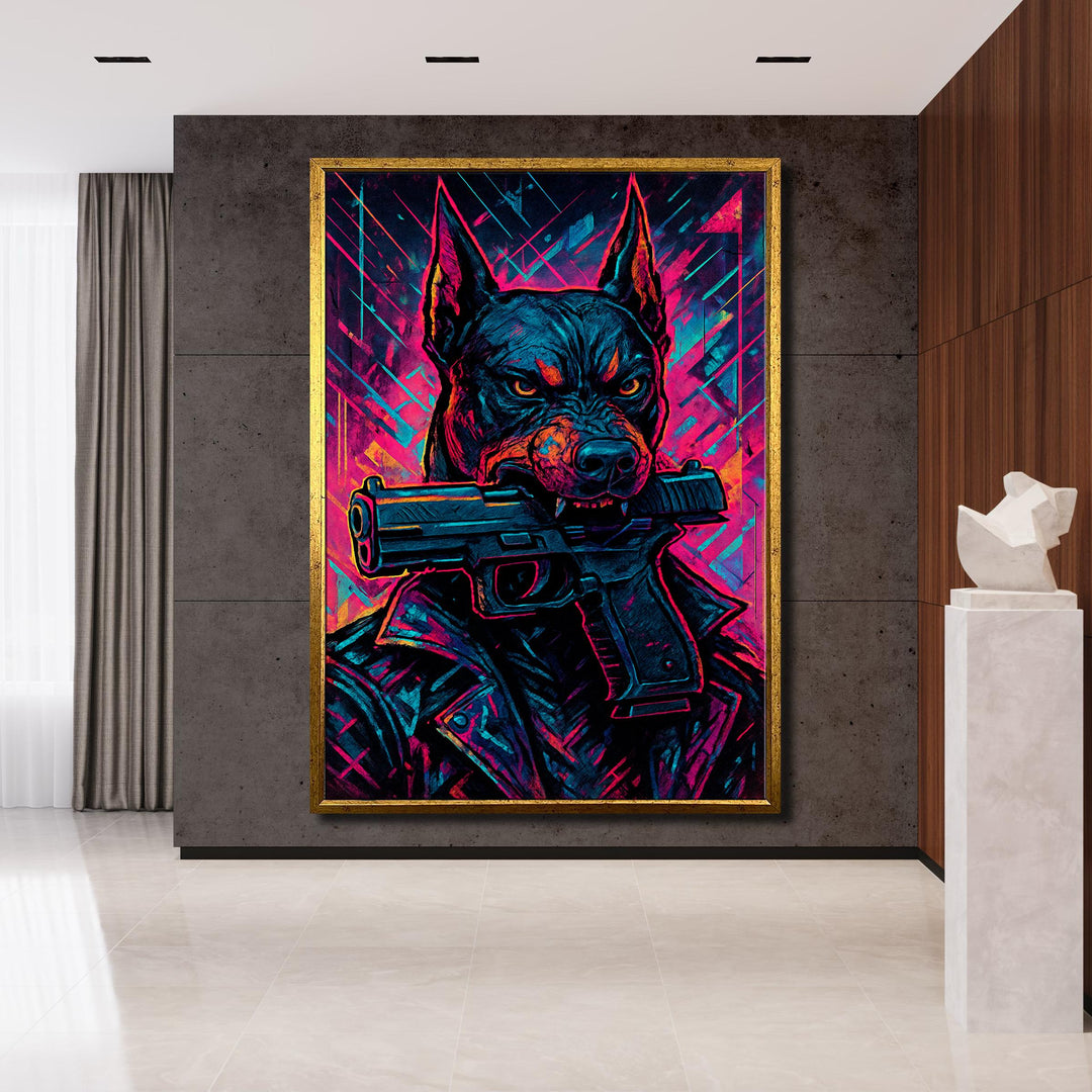 Close-up of neon Doberman in cyberpunk style on canvas