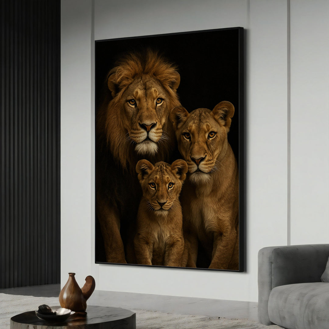 Majestic black lion gaze on canvas with golden floral frame ready to hang