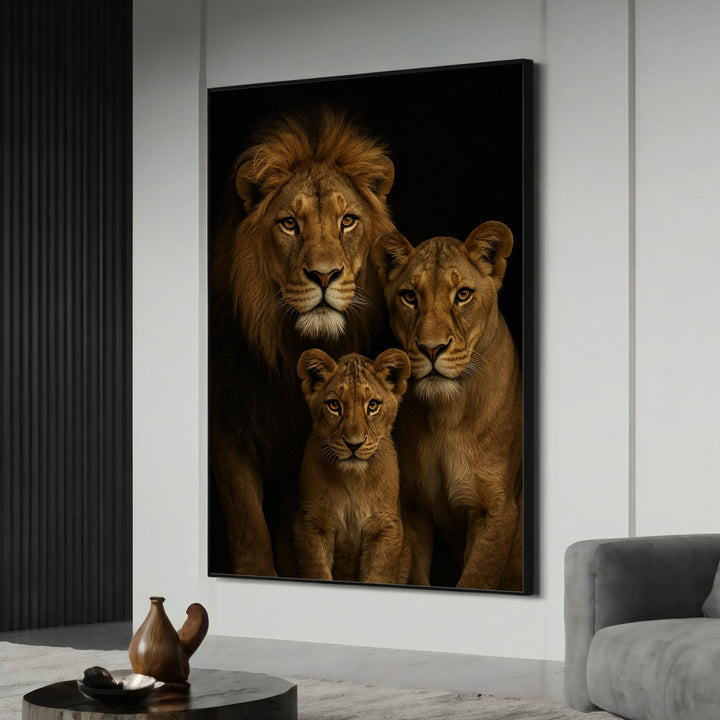 Majestic black lion gaze on canvas with golden floral frame ready to hang