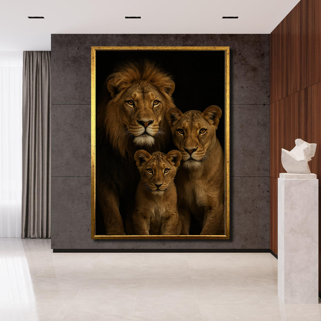 Close-up of lion's intense gaze framed by golden floral border on canvas