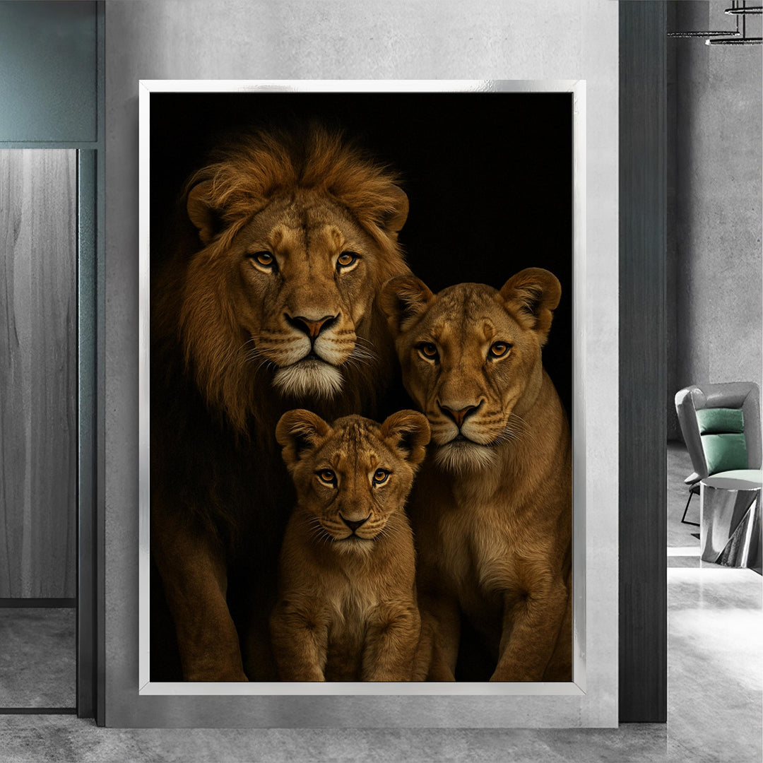 Premium jungle decor wall art: bold black lion on golden floral frame canvas