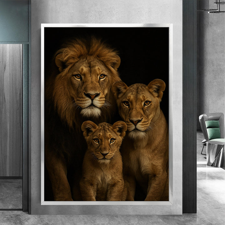 Premium jungle decor wall art: bold black lion on golden floral frame canvas