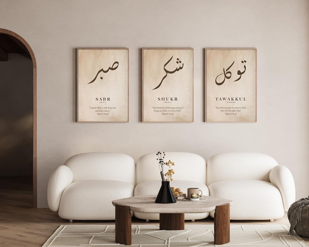 Three coordinated prints in beige and brown for modern home decor