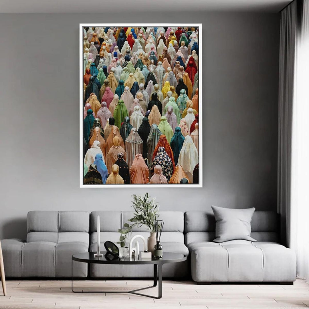 Vibrant mural of Muslim women in hijab in a spiritual gathering