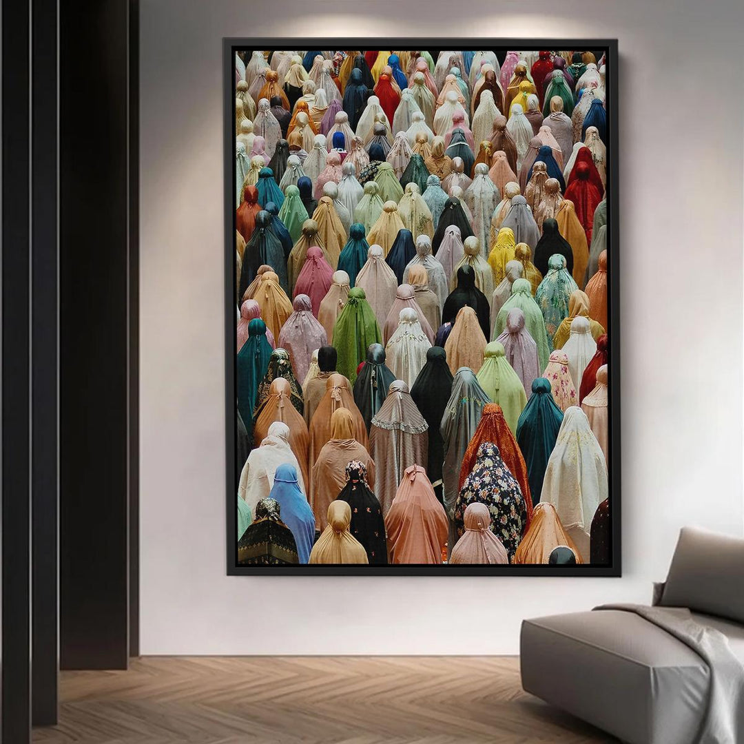 Colorful Islamic prayer gathering wall art featuring hijab-wearing women