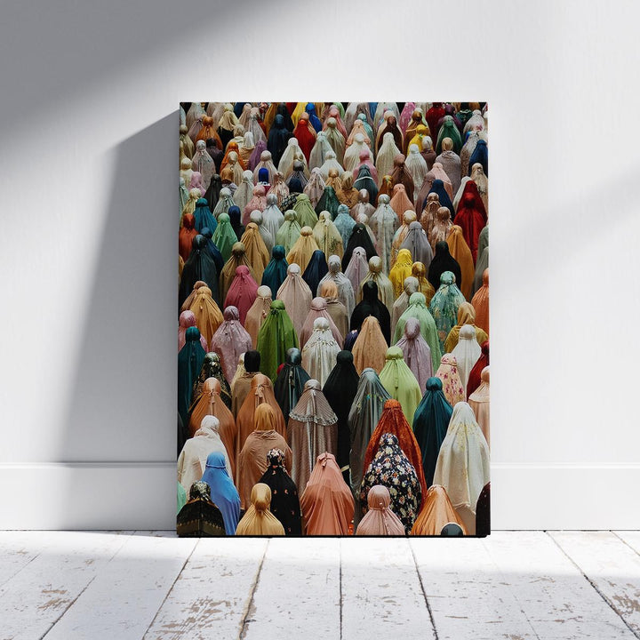 Colorful Islamic art print with diverse women in prayer
