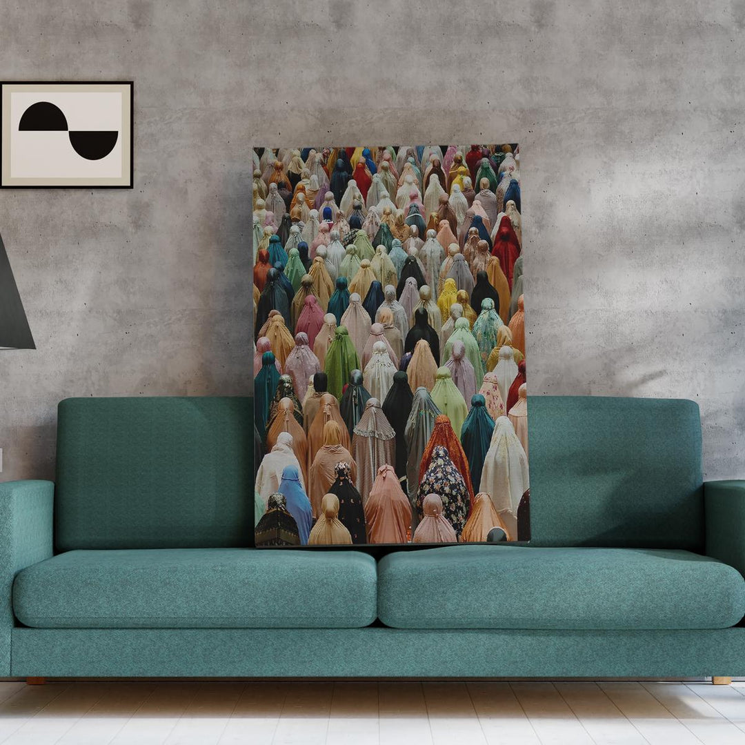 Bright wall art showcasing prayer and community in hijab